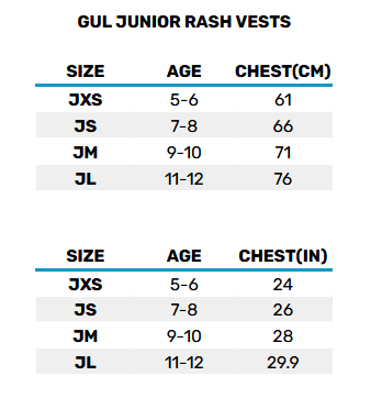 2026 Gul Junior Rash Vest 0 Size Chart